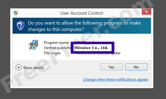 Screenshot where Minwise Co., Ltd. appears as the verified publisher in the UAC dialog